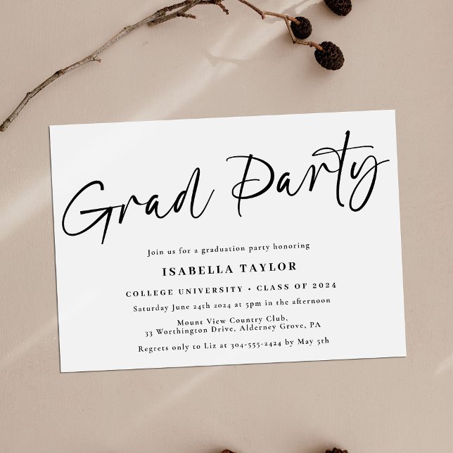 Invitation Moderne Simple Script Black White Graduation Party (Créateur téléchargé)