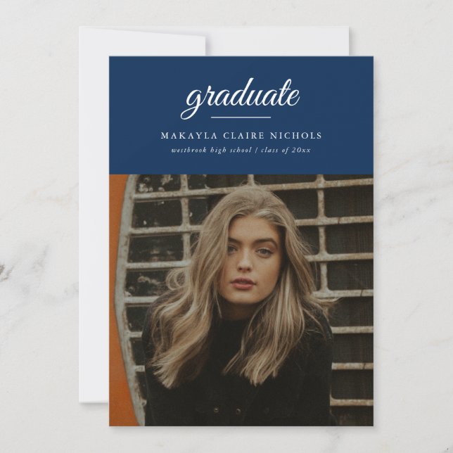 Invitation Moderne Simple Script Blue Photo Graduation (Devant)