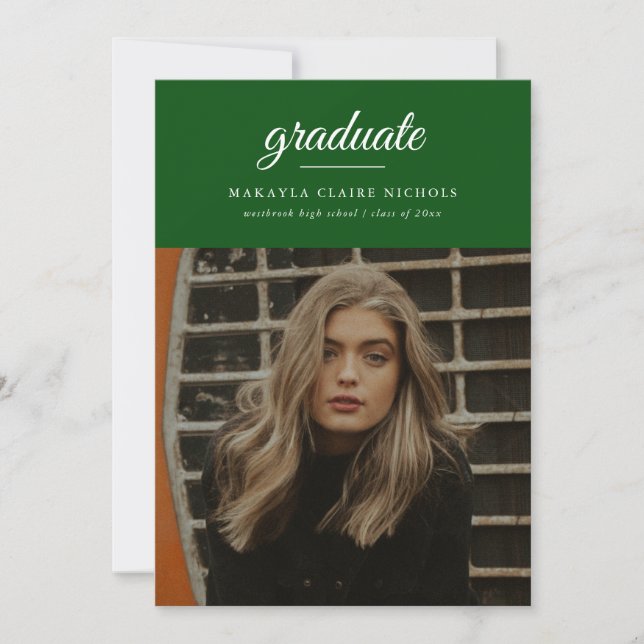 Invitation Moderne Simple Script Green Photo Graduation (Devant)