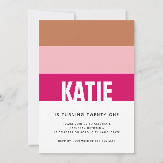 Invitation Moderne Simple Stripes Pink Tan Photo 21e annivers (Devant)