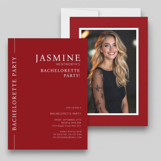 Invitation Moderne simple typographie photo bachelorette (modern clean typography bachelorette party invitation in red and white )