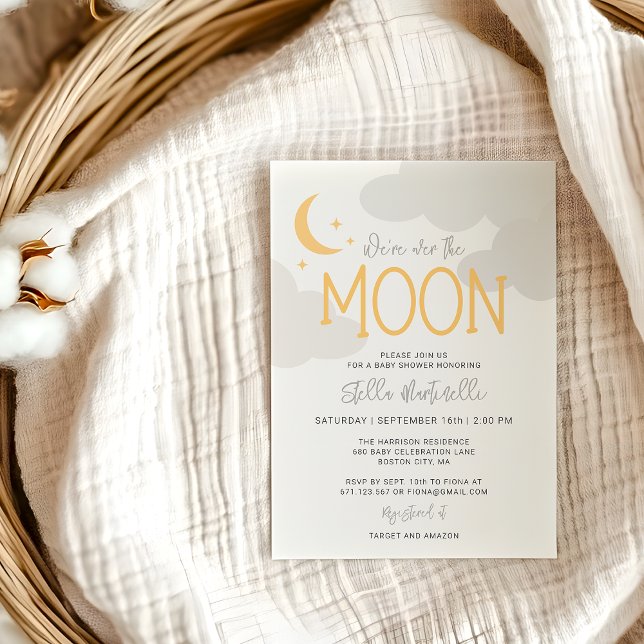 Invitation Moderne Sur La Lune Avec Baby shower De Détails (Modern Over The Moon With Details Baby Shower Invitation)