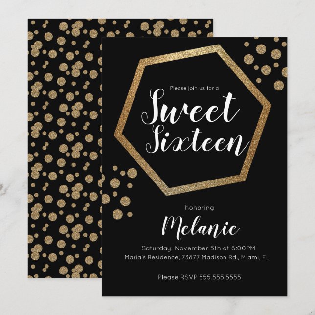 Invitation Moderne Sweet 16 Parties scintillant Faux Gold Bar (Devant / Derrière)
