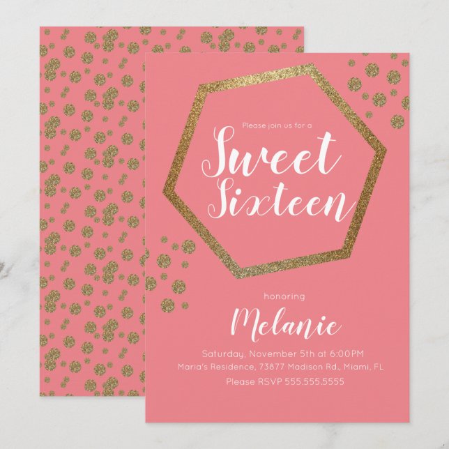 Invitation Moderne Sweet 16 Parties scintillant Faux Gold Bar (Devant / Derrière)