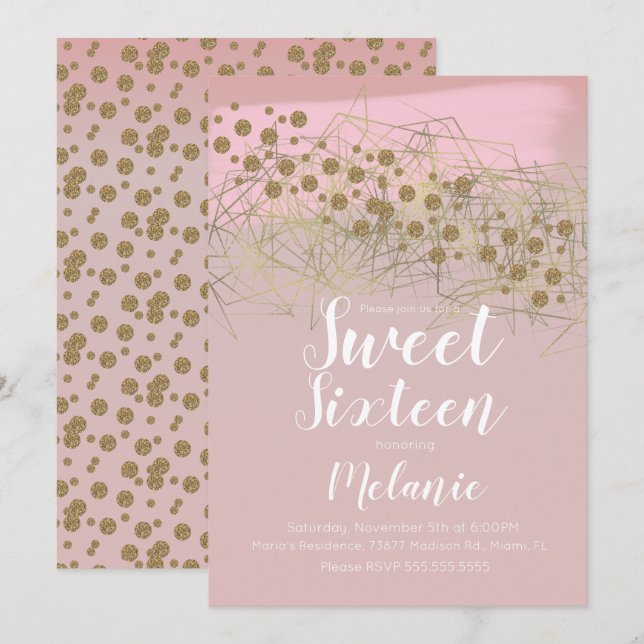 Invitation Moderne Sweet 16 Rosita Or Géométrique Blush (Devant / Derrière)