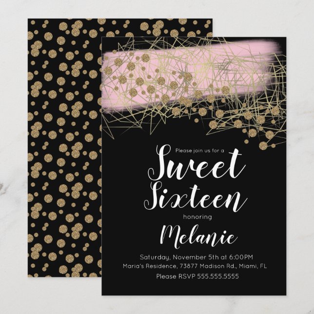 Invitation Moderne Sweet 16 Rosita Or Géométrique Noir (Devant / Derrière)