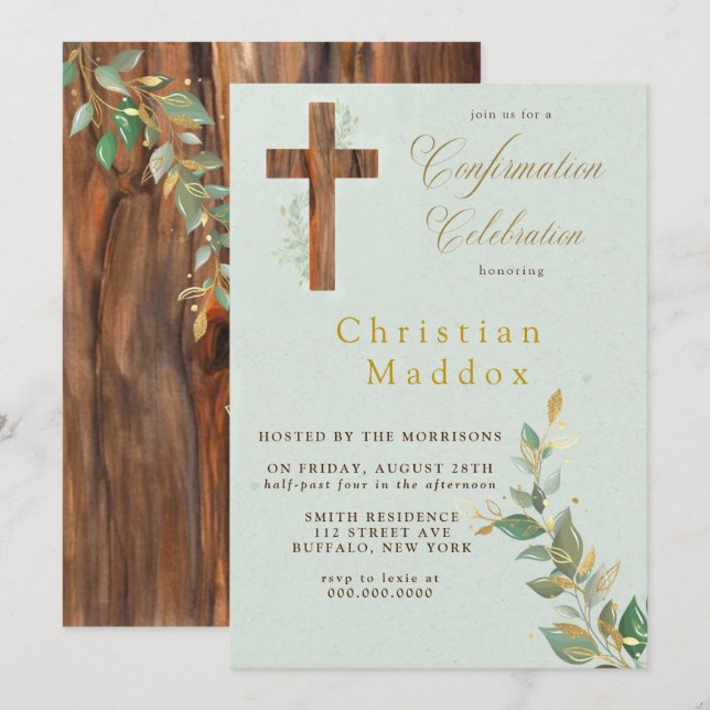 Invitation Moderne Tan WoodJe suis Cross Gold Confirmation (Devant / Derrière)