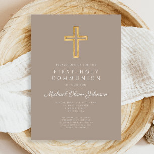 Invitation Moderne Taupe Croix Religieux Garçon Première Comm