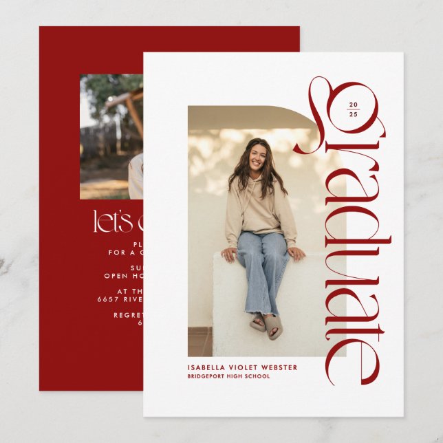 Invitation Moderne tendance diplômé rouge photo graduation (Devant / Derrière)
