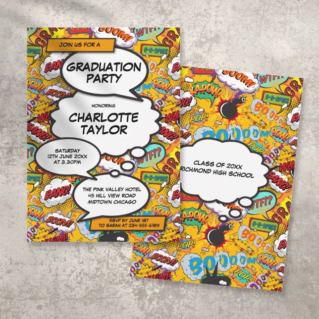 Invitation Moderne tendance Graduation Party Fun Comic Book (Créateur téléchargé)