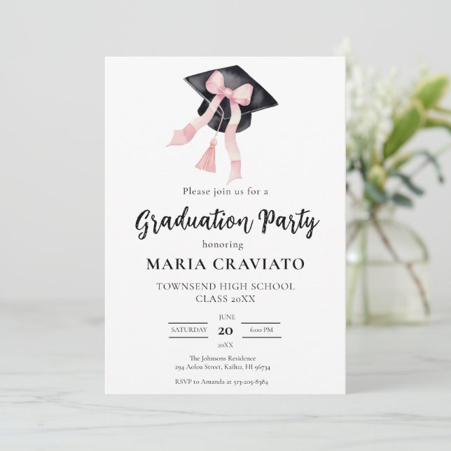 Invitation Moderne tendance Pink Bow Graduation Cap Graduatio (Debout devant)
