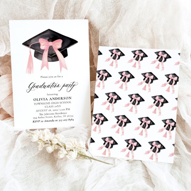 Invitation Moderne tendance Pink Bow Graduation Cap Graduatio (Watercolor Modern Elegant Trendy Stylish Pink Bow Graduation Invitation)