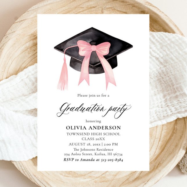 Invitation Moderne tendance Pink Bow Graduation Cap Graduatio (Watercolor Modern Elegant Trendy Stylish Pink Bow Graduation Invitation)
