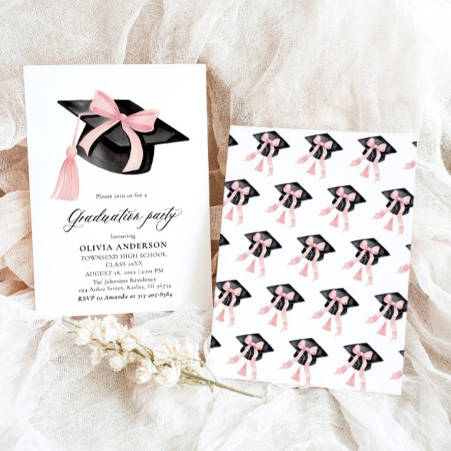 Invitation Moderne tendance Pink Bow Graduation Cap Graduatio (Watercolor Modern Elegant Trendy Stylish Pink Bow Graduation Invitation)