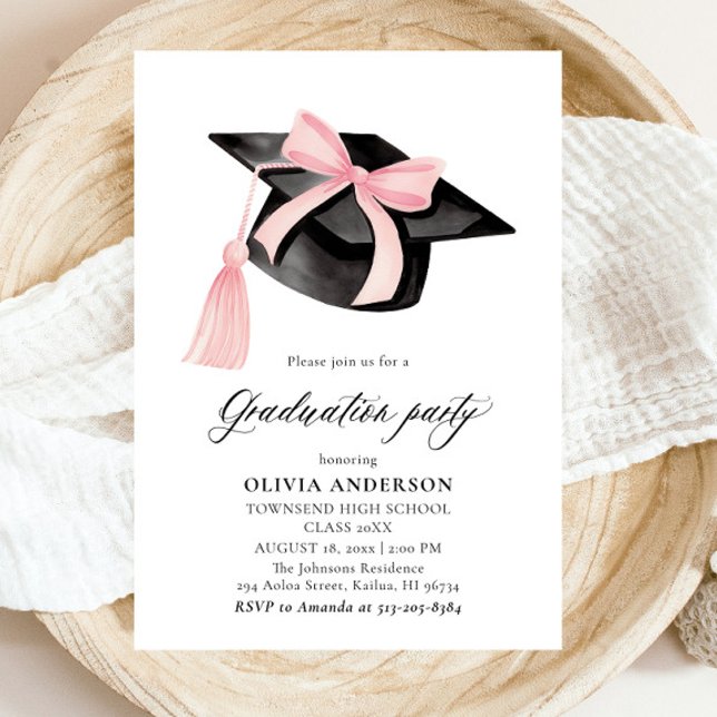 Invitation Moderne tendance Pink Bow Graduation Cap Graduatio (Watercolor Modern Elegant Trendy Stylish Pink Bow Graduation Invitation)