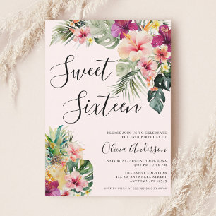 Invitation Moderne Tropical Floral Sweet 16 Rose