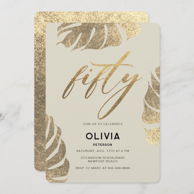 Invitation Moderne Tropical Gold Elegant Foliage 50e annivers (Devant / Derrière)