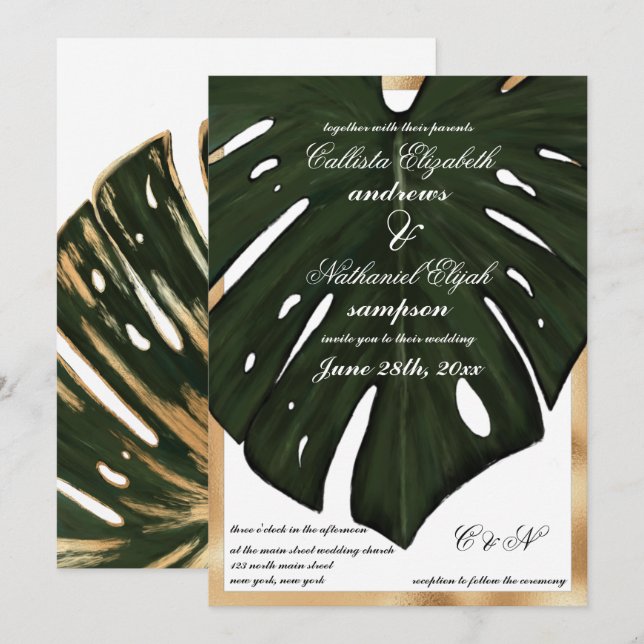 Invitation Moderne Tropical Green Gold Monstera Mariage feuil (Devant / Derrière)