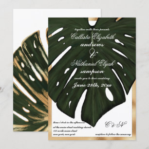 Invitation Moderne Tropical Green Gold Monstera Mariage feuil