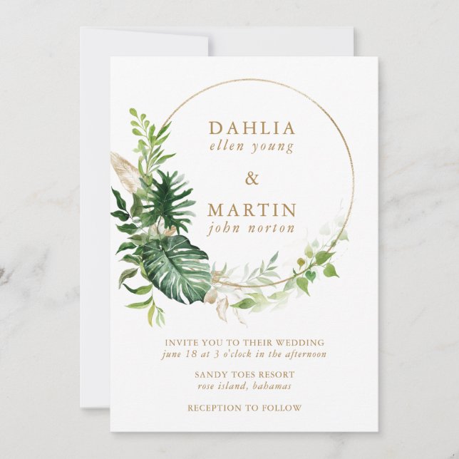 Invitation Moderne Tropical Greenery Gold Mariage géométrique (Devant)