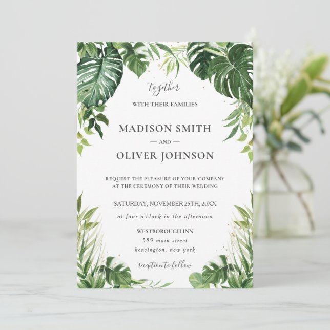 Invitation Moderne Tropical Greenery Mariage de Tropiques feu (Debout devant)