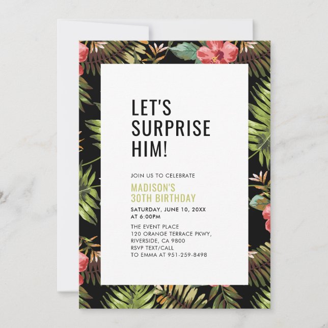 Invitation Moderne Tropical Surprise Adulte fête d'anniversai (Devant)