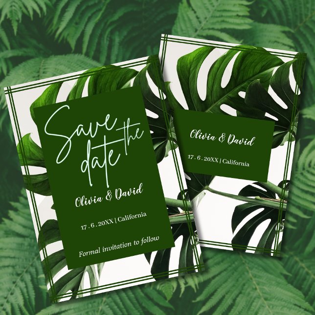 Invitation Moderne Tropical Vert et Blanc Économisez la Date (Créateur téléchargé)