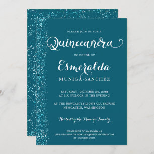 Invitation Moderne Turquoise Bleu Argent Éperche Quinceanera