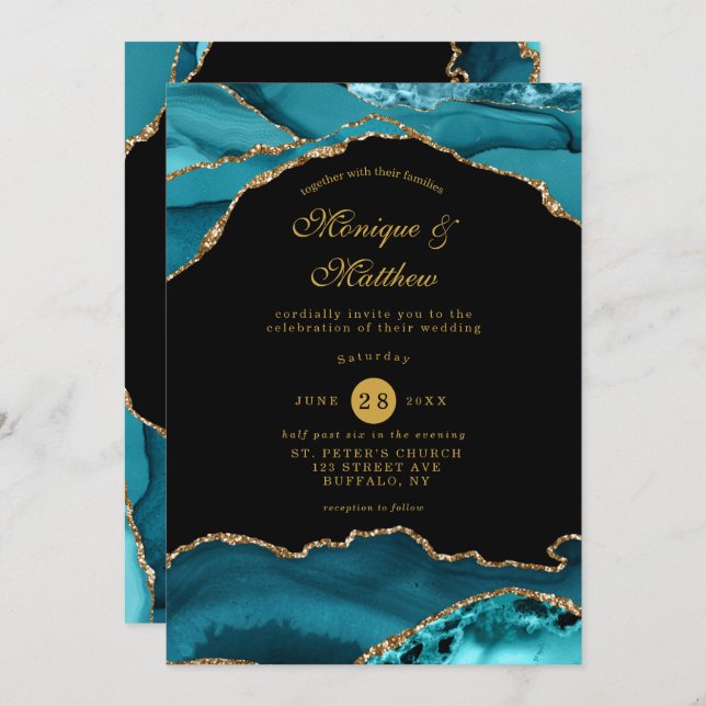 Invitation Moderne Turquoise et doré Agate Mariage en pierre (Devant / Derrière)