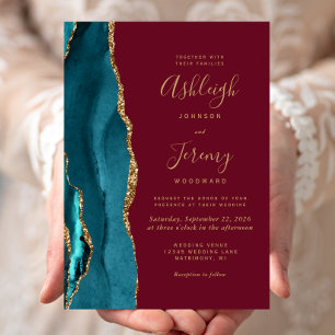 Invitation Moderne Turquoise Or Agate Bourgogne Mariage