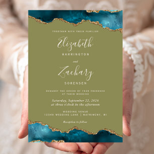 Invitation Moderne Turquoise Or Agate Olive Green Mariage