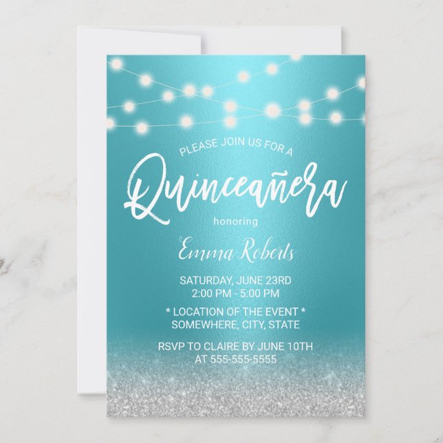 Invitation Moderne Turquoise & Parties scintillant Argent Qui (Devant)