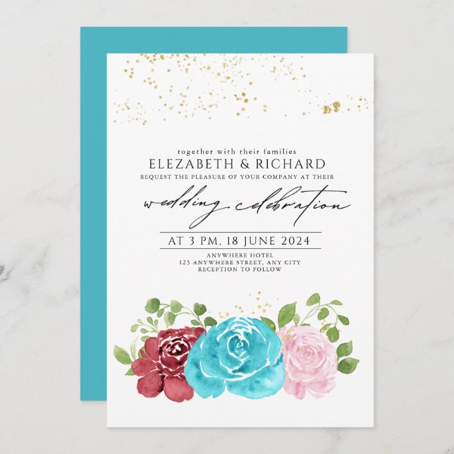 Invitation Moderne Turquoise Rouge Floral Mariage (Devant / Derrière)