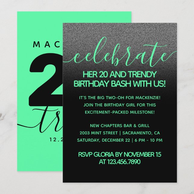 Invitation Moderne Vert Menthe Féminin 20 et Anniversaire Ten (Devant / Derrière)