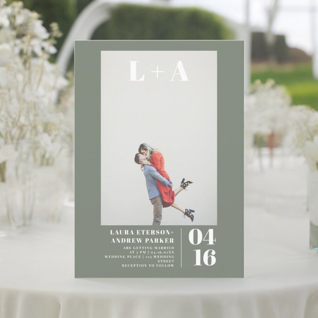 Invitation Moderne vert olive simples initiales photo mariage (Modern olive green simple initials photo wedding invitation)