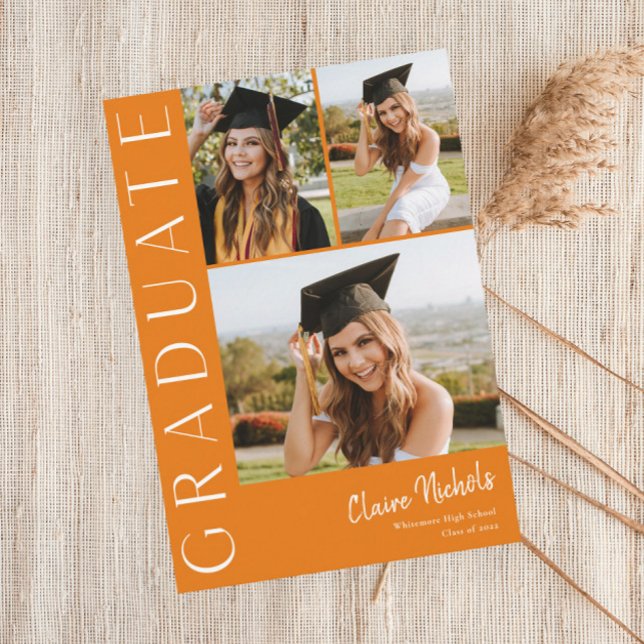 Invitation Moderne Vertical 3 Photo Collage Graduation (Orange Modern Typography 3 Photo Graduation Invitations.)