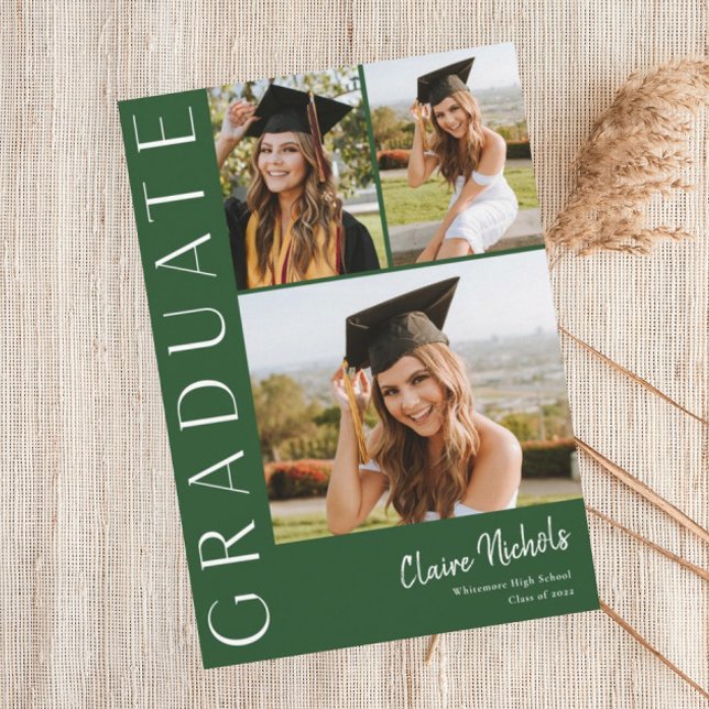 Invitation Moderne Vertical 3 Photo Collage Graduation (Green Modern Typography 3 Photo Graduation Invitations.)
