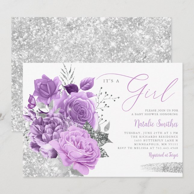 Invitation Moderne violet C'Est Une Fille Floral Boho Baby sh (Devant / Derrière)