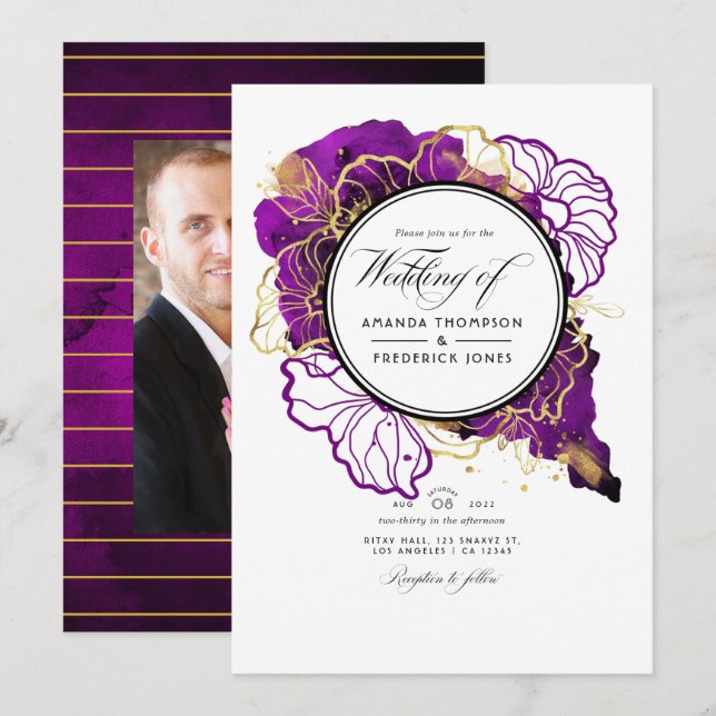 Invitation Moderne violet et or Abstrait Floral Mariage Inv (Devant / Derrière)