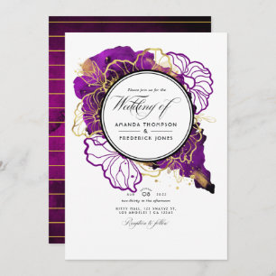 Invitation Moderne violet et or Abstrait Floral Mariage Inv