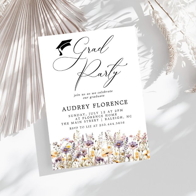 Invitation Moderne violet Fleur sauvage Floral Grad Party (Créateur téléchargé)