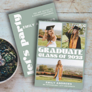 Invitation Moderne White & Green 3 Photo Grad Party