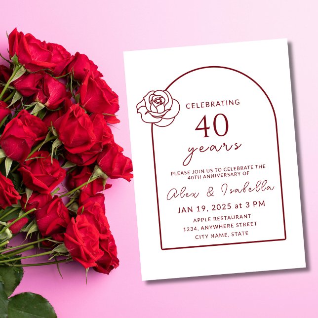 Invitation ModerneMinimaliste Ruby Red 40e anniversaire Maria (modern elegant minimal geometric rose ruby red 40th wedding anniversary invitation)