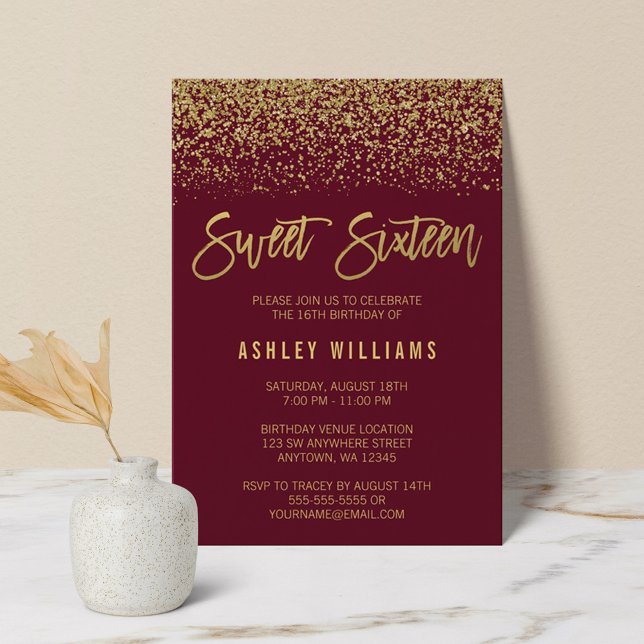 Invitation Modernes Burgund Faux Gold Glitter Sweet 16 (Créateur téléchargé)