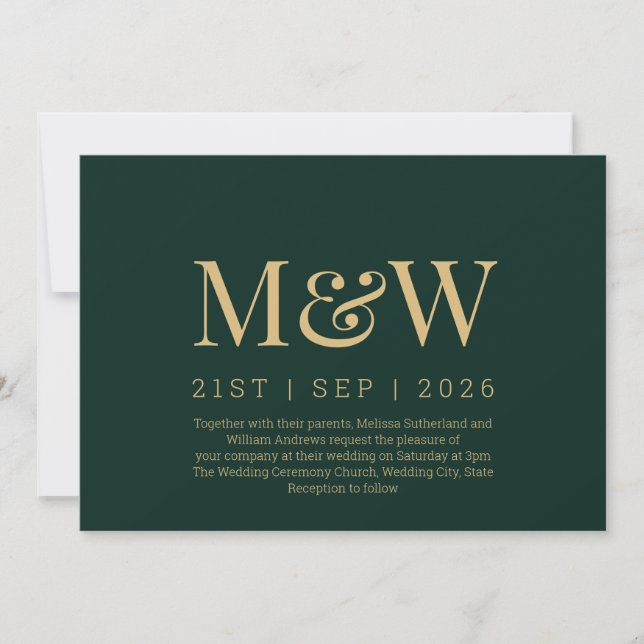 Invitation ModernForrest Green Monogramme Mariage or (Devant)