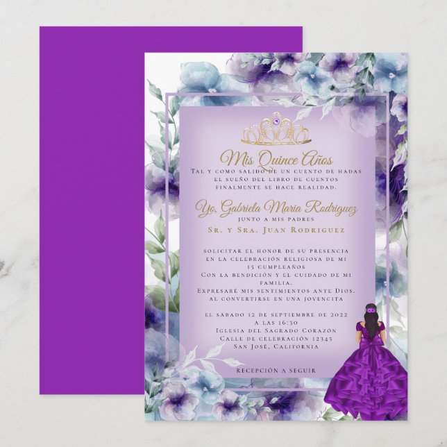 Invitation Modernos Flores Moradas Quinceañera (Devant / Derrière)