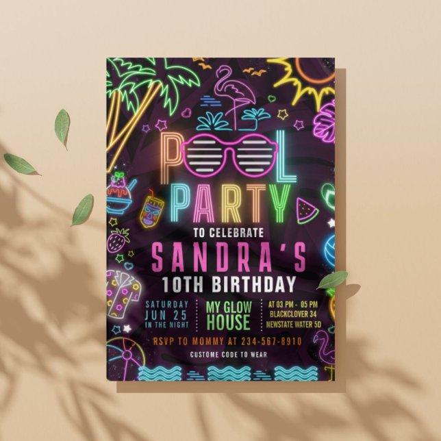 Invitation modifiable de la partie de poule de poo (Pool Party Glow Party Editable Invitation)