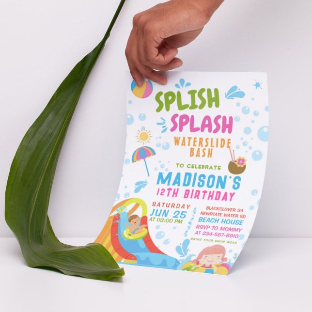 Invitation modifiable pour fête de toboggan aquati (Splish Splash Waterslide Party Editable)