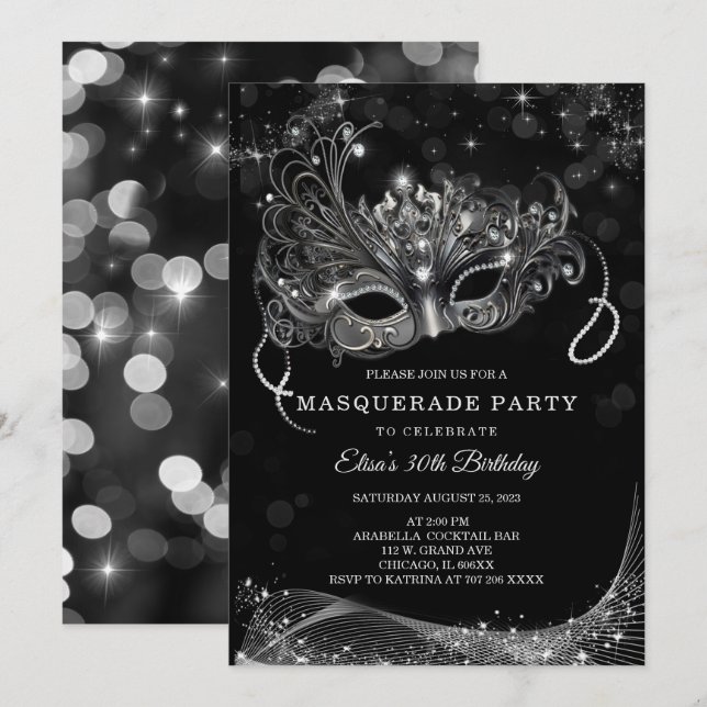 Invitation Modifiable pour Masquerade Black et Silver Party (Devant / Derrière)