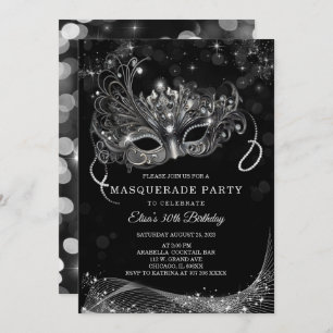 Invitation Modifiable pour Masquerade Black et Silver Party